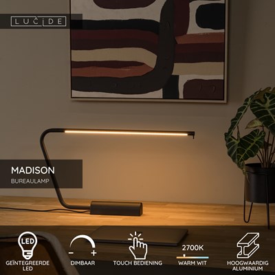 Lucide MADISON - Bureaulamp - LED Dimb. - 1x6,5W 2700K - Zwart